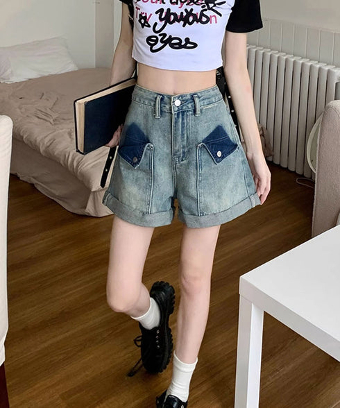 ロールアップ デニムショートパンツ 美脚 短パン レディース ハイウエスト ホットパンツ Aライン デニムワイド 着やせ ショーパン こなれ感 ジーンズ 春夏秋 24BDMS-002