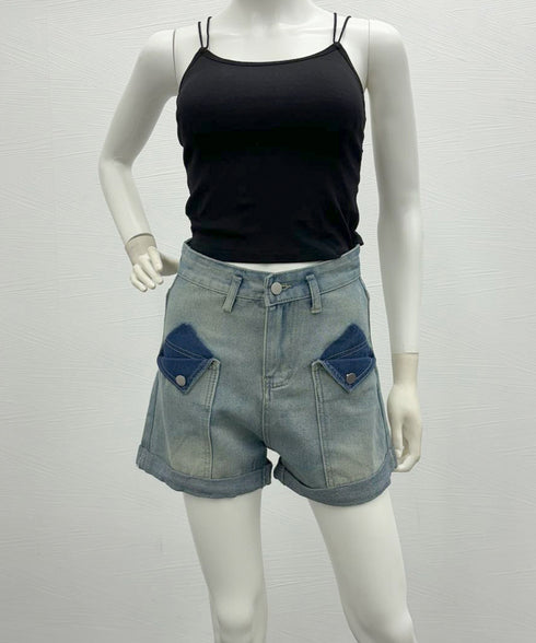 ロールアップ デニムショートパンツ 美脚 短パン レディース ハイウエスト ホットパンツ Aライン デニムワイド 着やせ ショーパン こなれ感 ジーンズ 春夏秋 24BDMS-002