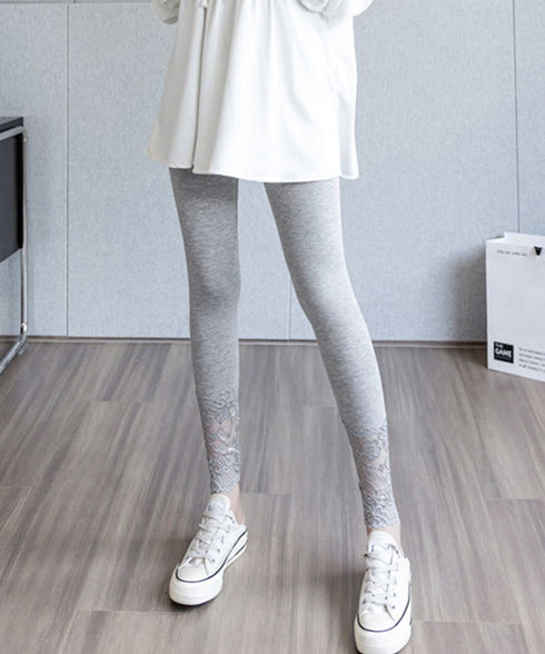 レース切り替えレギンス 美脚美尻スパッツ レディース ストレッチ スキニーパンツ チラ見え防止 カジュアル ボトムス ハイウエスト ロングインナーパンツ 薄手無地 24BDMS-003