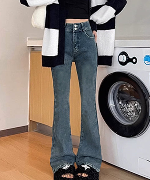 セミフレアデニムパンツ 美脚デニムパンツ レディース ハイウエスト ストレッチパンツ カジュアル 細身ボトムス 韓国風 着やせシーズン お洒落レトロアメカジパンツ 24BDMS-004