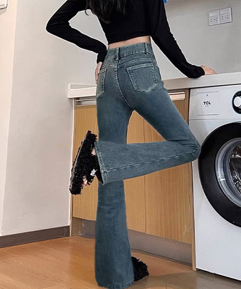 セミフレアデニムパンツ 美脚デニムパンツ レディース ハイウエスト ストレッチパンツ カジュアル 細身ボトムス 韓国風 着やせシーズン お洒落レトロアメカジパンツ 24BDMS-004