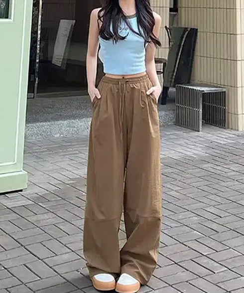 ワイドパンツハイウエストストレートパンツ ウエストゴム 着やせリラックスパンツ カジュアル 脚長ボトムス ゆったり 薄手ロングパンツ お洒落楽ちんイージーパンツ 24BDMS-010