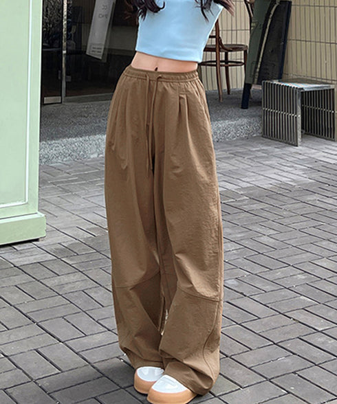 ワイドパンツハイウエストストレートパンツ ウエストゴム 着やせリラックスパンツ カジュアル 脚長ボトムス ゆったり 薄手ロングパンツ お洒落楽ちんイージーパンツ 24BDMS-010