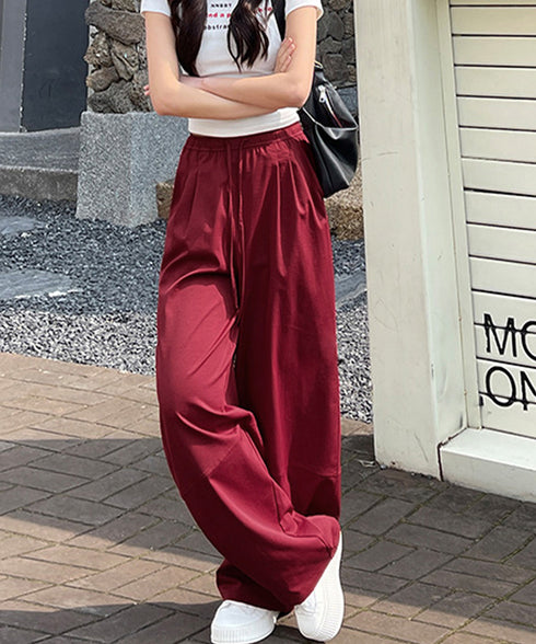 ワイドパンツハイウエストストレートパンツ ウエストゴム 着やせリラックスパンツ カジュアル 脚長ボトムス ゆったり 薄手ロングパンツ お洒落楽ちんイージーパンツ 24BDMS-010