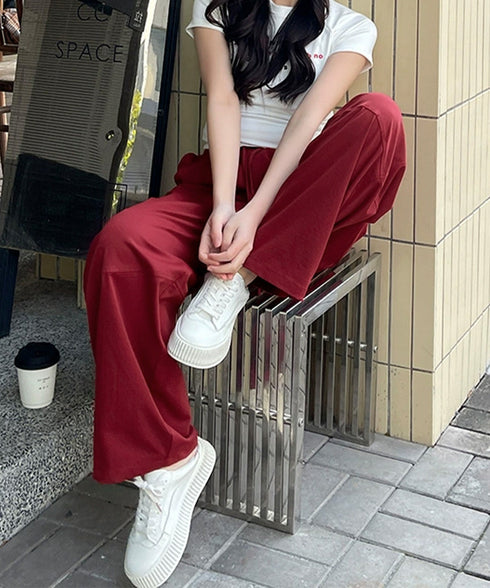 ワイドパンツハイウエストストレートパンツ ウエストゴム 着やせリラックスパンツ カジュアル 脚長ボトムス ゆったり 薄手ロングパンツ お洒落楽ちんイージーパンツ 24BDMS-010