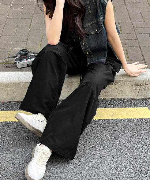 ワイドパンツハイウエストストレートパンツ ウエストゴム 着やせリラックスパンツ カジュアル 脚長ボトムス ゆったり 薄手ロングパンツ お洒落楽ちんイージーパンツ 24BDMS-010