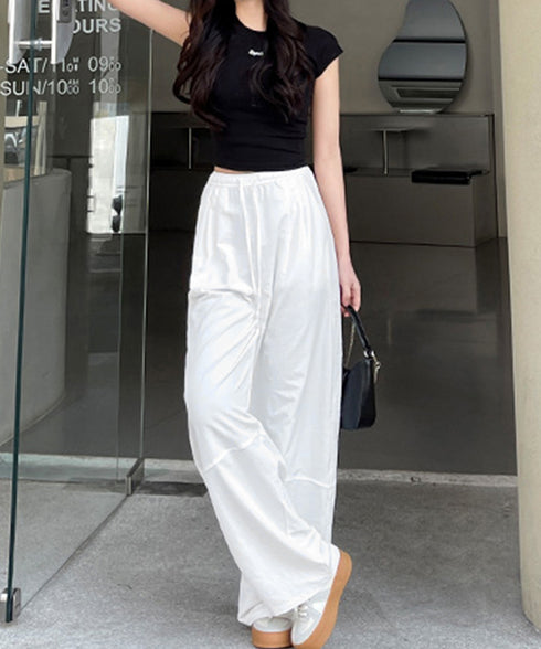 ワイドパンツハイウエストストレートパンツ ウエストゴム 着やせリラックスパンツ カジュアル 脚長ボトムス ゆったり 薄手ロングパンツ お洒落楽ちんイージーパンツ 24BDMS-010