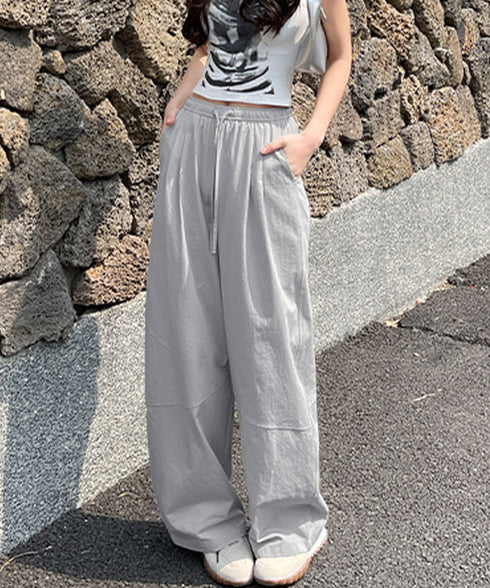 ワイドパンツハイウエストストレートパンツ ウエストゴム 着やせリラックスパンツ カジュアル 脚長ボトムス ゆったり 薄手ロングパンツ お洒落楽ちんイージーパンツ 24BDMS-010