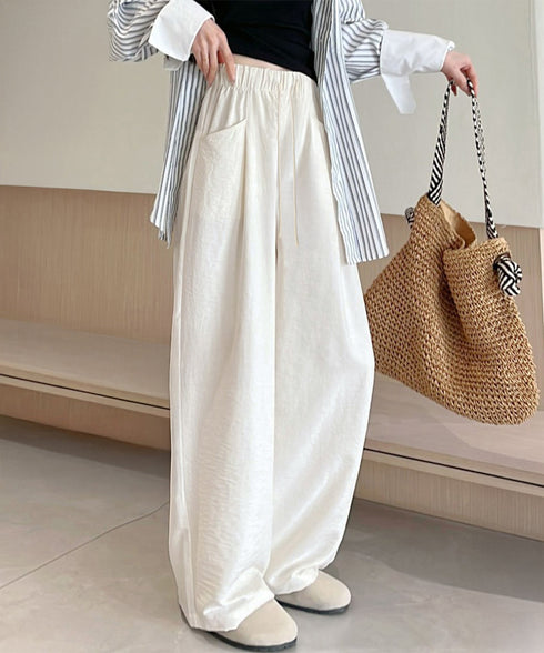 ワイドパンツウエストゴムストレートパンツ レディース ハイウエスト イージーパンツ 楽ちん リラックスパンツ カジュアル 無地 ロングパンツ 紐付き 薄手長ズボン 24BDMS-012