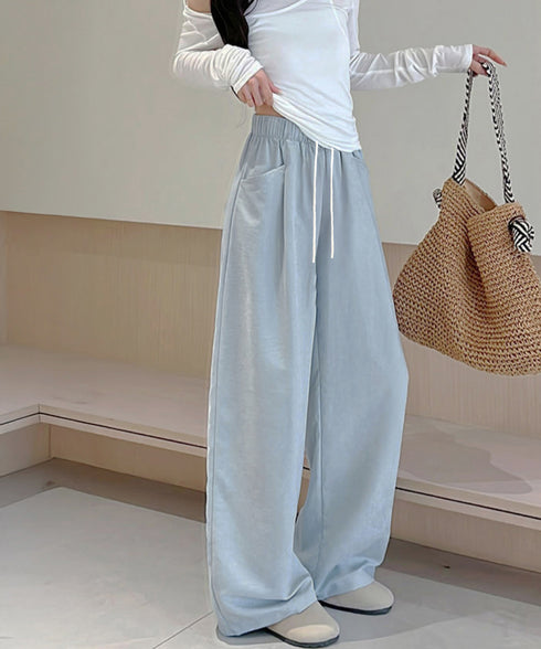 ワイドパンツウエストゴムストレートパンツ レディース ハイウエスト イージーパンツ 楽ちん リラックスパンツ カジュアル 無地 ロングパンツ 紐付き 薄手長ズボン 24BDMS-012