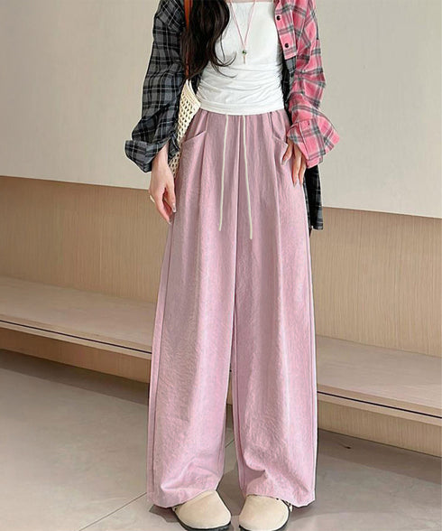 ワイドパンツウエストゴムストレートパンツ レディース ハイウエスト イージーパンツ 楽ちん リラックスパンツ カジュアル 無地 ロングパンツ 紐付き 薄手長ズボン 24BDMS-012