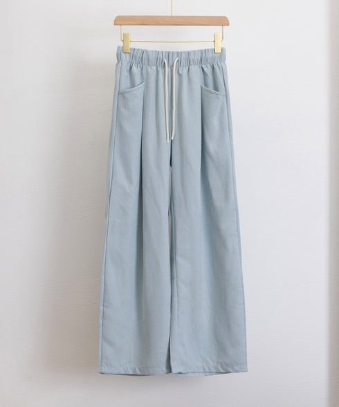 ワイドパンツウエストゴムストレートパンツ レディース ハイウエスト イージーパンツ 楽ちん リラックスパンツ カジュアル 無地 ロングパンツ 紐付き 薄手長ズボン 24BDMS-012