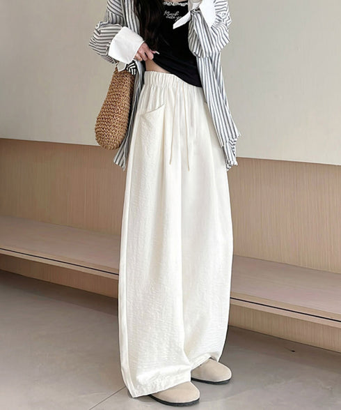 ワイドパンツウエストゴムストレートパンツ レディース ハイウエスト イージーパンツ 楽ちん リラックスパンツ カジュアル 無地 ロングパンツ 紐付き 薄手長ズボン 24BDMS-012