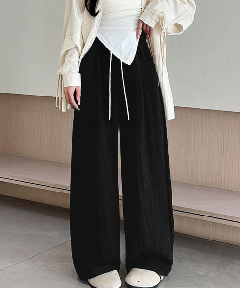 ワイドパンツウエストゴムストレートパンツ レディース ハイウエスト イージーパンツ 楽ちん リラックスパンツ カジュアル 無地 ロングパンツ 紐付き 薄手長ズボン 24BDMS-012