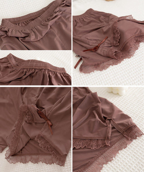 ペチコート レース切り替え ナイトウエア ウエストゴム サイドスリット ルームパンツ チラ見え防止 インナーウェア ハイウエスト 寝間着春夏 サラサラ 涼しい下着 24BDMS-013