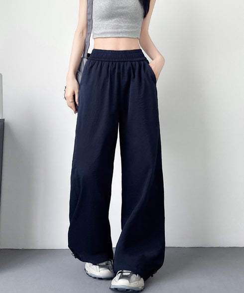 ワイドパンツ レディースストレートパンツ ハイウエスト ゆったり ワークパンツ ドローストリング イージーパンツ ウエストゴム 薄手パラシュートパンツ春夏 着やせ 24BDMS-015