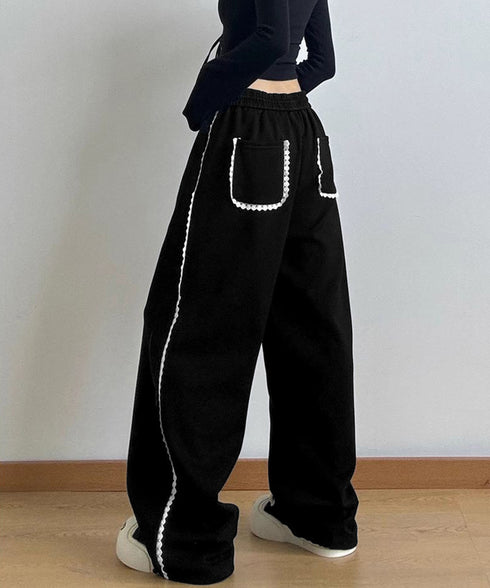 スウェットパンツサイドレースラインパンツ レディース ハイウエスト リラックスパンツ ウエストゴム ワイドパンツ ゆったり イージーパンツ 体型カバー ズボン秋冬 24BDMS-017