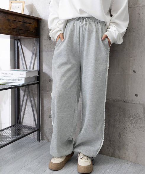 スウェットパンツサイドレースラインパンツ レディース ハイウエスト リラックスパンツ ウエストゴム ワイドパンツ ゆったり イージーパンツ 体型カバー ズボン秋冬 24BDMS-017