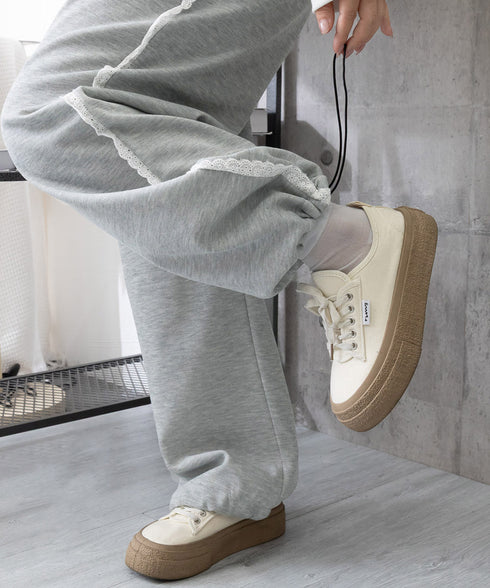 スウェットパンツサイドレースラインパンツ レディース ハイウエスト リラックスパンツ ウエストゴム ワイドパンツ ゆったり イージーパンツ 体型カバー ズボン秋冬 24BDMS-017