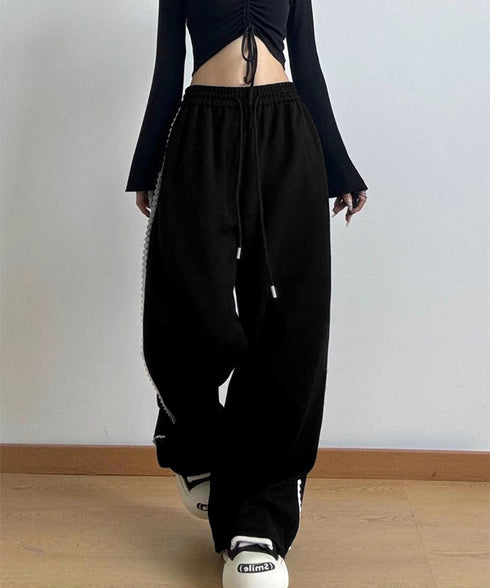 スウェットパンツサイドレースラインパンツ レディース ハイウエスト リラックスパンツ ウエストゴム ワイドパンツ ゆったり イージーパンツ 体型カバー ズボン秋冬 24BDMS-017