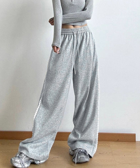 スウェットパンツサイドレースラインパンツ レディース ハイウエスト リラックスパンツ ウエストゴム ワイドパンツ ゆったり イージーパンツ 体型カバー ズボン秋冬 24BDMS-017
