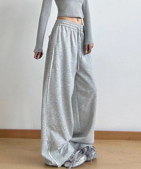 スウェットパンツサイドレースラインパンツ レディース ハイウエスト リラックスパンツ ウエストゴム ワイドパンツ ゆったり イージーパンツ 体型カバー ズボン秋冬 24BDMS-017