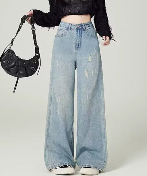 ダメージデニムパンツ ワイドレッグデニム レディース ハイウエスト ロングパンツ ウォッシュ加工 ストレートパンツ 着やせ 韓国風ジーパン ゆったり ボトムス脚長 24BDMS-018