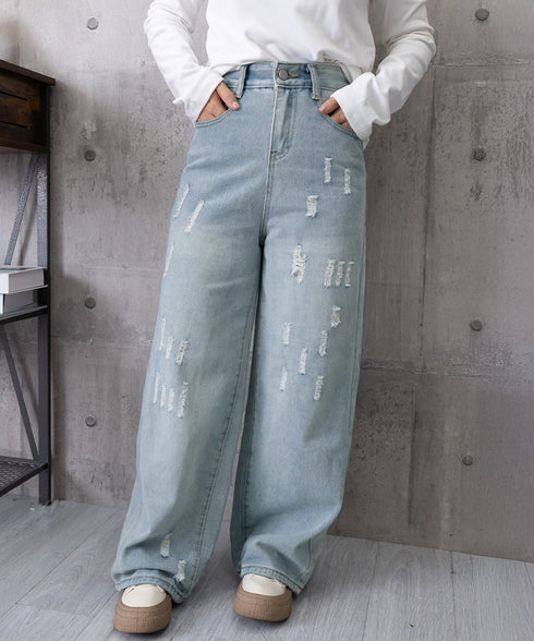 ダメージデニムパンツ ワイドレッグデニム レディース ハイウエスト ロングパンツ ウォッシュ加工 ストレートパンツ 着やせ 韓国風ジーパン ゆったり ボトムス脚長 24BDMS-018