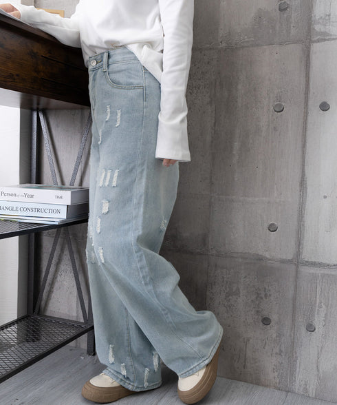 ダメージデニムパンツ ワイドレッグデニム レディース ハイウエスト ロングパンツ ウォッシュ加工 ストレートパンツ 着やせ 韓国風ジーパン ゆったり ボトムス脚長 24BDMS-018