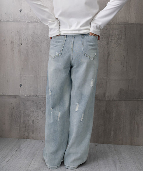 ダメージデニムパンツ ワイドレッグデニム レディース ハイウエスト ロングパンツ ウォッシュ加工 ストレートパンツ 着やせ 韓国風ジーパン ゆったり ボトムス脚長 24BDMS-018