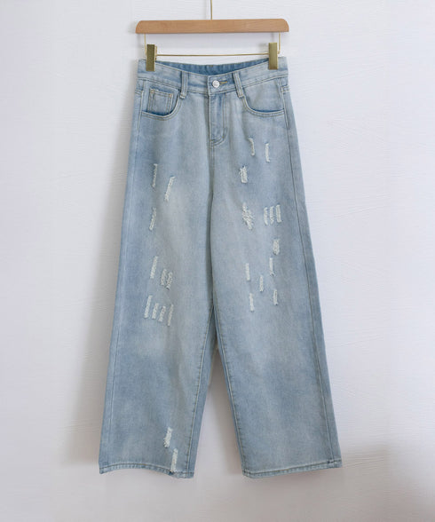 ダメージデニムパンツ ワイドレッグデニム レディース ハイウエスト ロングパンツ ウォッシュ加工 ストレートパンツ 着やせ 韓国風ジーパン ゆったり ボトムス脚長 24BDMS-018