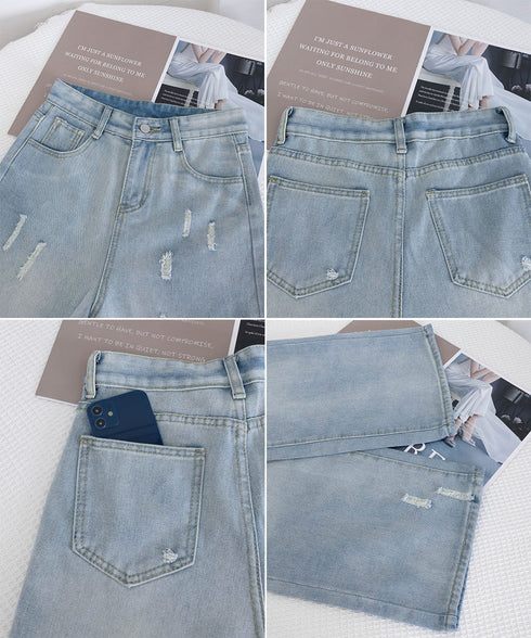 ダメージデニムパンツ ワイドレッグデニム レディース ハイウエスト ロングパンツ ウォッシュ加工 ストレートパンツ 着やせ 韓国風ジーパン ゆったり ボトムス脚長 24BDMS-018