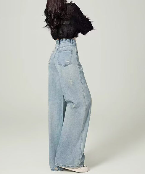 ダメージデニムパンツ ワイドレッグデニム レディース ハイウエスト ロングパンツ ウォッシュ加工 ストレートパンツ 着やせ 韓国風ジーパン ゆったり ボトムス脚長 24BDMS-018