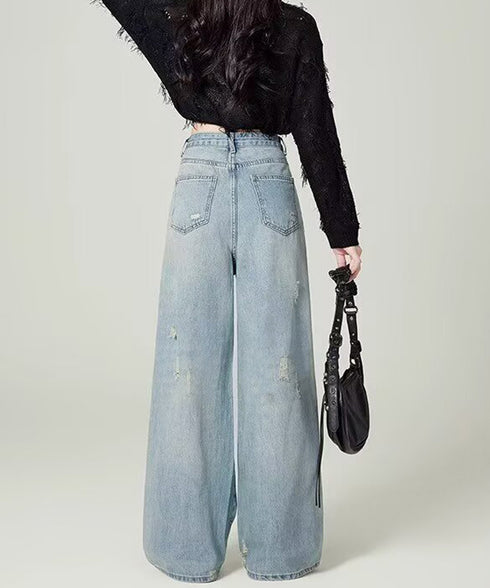 ダメージデニムパンツ ワイドレッグデニム レディース ハイウエスト ロングパンツ ウォッシュ加工 ストレートパンツ 着やせ 韓国風ジーパン ゆったり ボトムス脚長 24BDMS-018