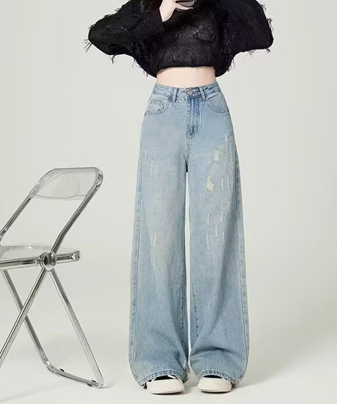 ダメージデニムパンツ ワイドレッグデニム レディース ハイウエスト ロングパンツ ウォッシュ加工 ストレートパンツ 着やせ 韓国風ジーパン ゆったり ボトムス脚長 24BDMS-018
