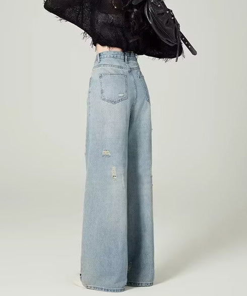 ダメージデニムパンツ ワイドレッグデニム レディース ハイウエスト ロングパンツ ウォッシュ加工 ストレートパンツ 着やせ 韓国風ジーパン ゆったり ボトムス脚長 24BDMS-018