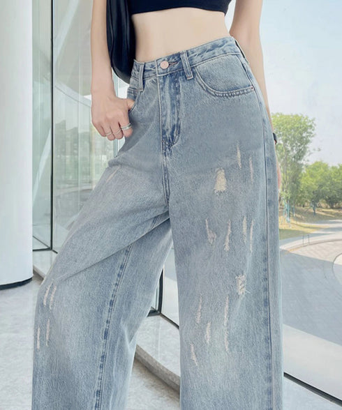 ダメージデニムパンツ ワイドレッグデニム レディース ハイウエスト ロングパンツ ウォッシュ加工 ストレートパンツ 着やせ 韓国風ジーパン ゆったり ボトムス脚長 24BDMS-018