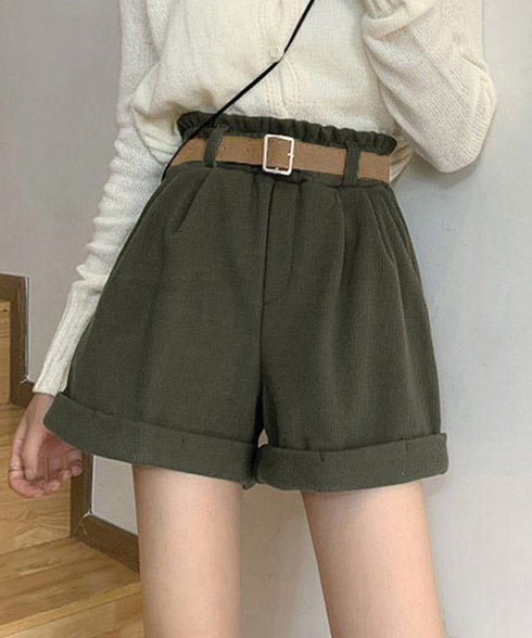 ベルト付き ショートパンツ コーデュロイ 裏起毛 ショーパン レディース ロールアップ短パン 美脚脚長 着やせホットパンツ ウエストゴム ボトムス 大人カジュアル 24BDMS-020