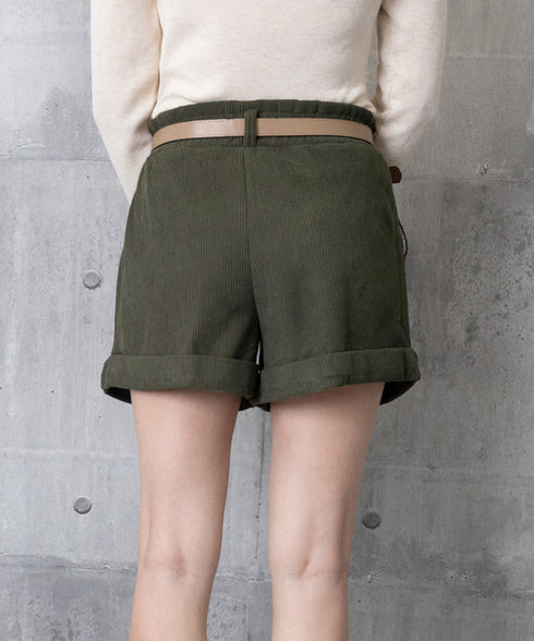 ベルト付き ショートパンツ コーデュロイ 裏起毛 ショーパン レディース ロールアップ短パン 美脚脚長 着やせホットパンツ ウエストゴム ボトムス 大人カジュアル 24BDMS-020