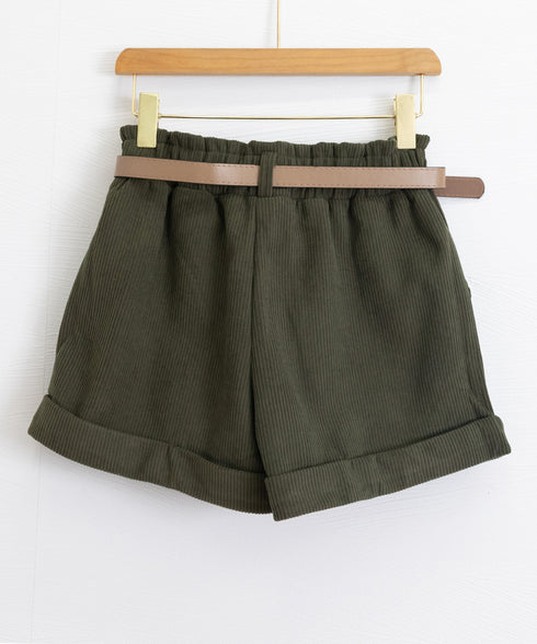 ベルト付き ショートパンツ コーデュロイ 裏起毛 ショーパン レディース ロールアップ短パン 美脚脚長 着やせホットパンツ ウエストゴム ボトムス 大人カジュアル 24BDMS-020