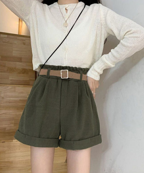 ベルト付き ショートパンツ コーデュロイ 裏起毛 ショーパン レディース ロールアップ短パン 美脚脚長 着やせホットパンツ ウエストゴム ボトムス 大人カジュアル 24BDMS-020