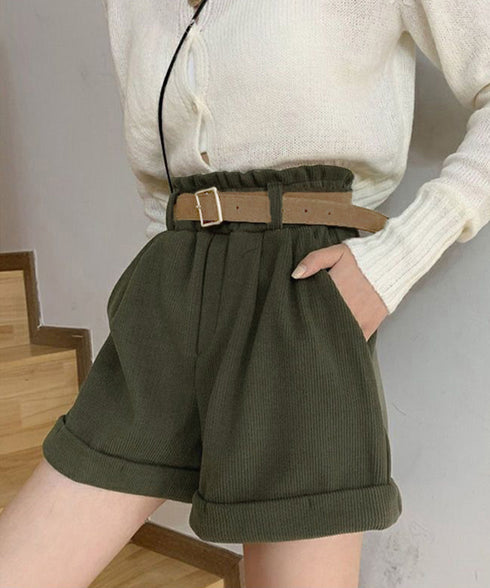 ベルト付き ショートパンツ コーデュロイ 裏起毛 ショーパン レディース ロールアップ短パン 美脚脚長 着やせホットパンツ ウエストゴム ボトムス 大人カジュアル 24BDMS-020
