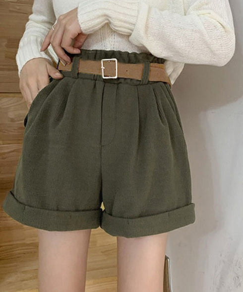 ベルト付き ショートパンツ コーデュロイ 裏起毛 ショーパン レディース ロールアップ短パン 美脚脚長 着やせホットパンツ ウエストゴム ボトムス 大人カジュアル 24BDMS-020