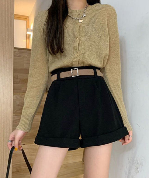 ベルト付き ショートパンツ コーデュロイ 裏起毛 ショーパン レディース ロールアップ短パン 美脚脚長 着やせホットパンツ ウエストゴム ボトムス 大人カジュアル 24BDMS-020