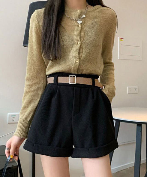 ベルト付き ショートパンツ コーデュロイ 裏起毛 ショーパン レディース ロールアップ短パン 美脚脚長 着やせホットパンツ ウエストゴム ボトムス 大人カジュアル 24BDMS-020