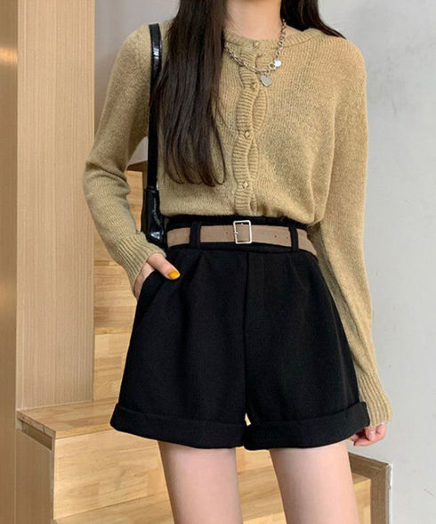 ベルト付き ショートパンツ コーデュロイ 裏起毛 ショーパン レディース ロールアップ短パン 美脚脚長 着やせホットパンツ ウエストゴム ボトムス 大人カジュアル 24BDMS-020