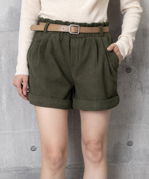 ベルト付き ショートパンツ コーデュロイ 裏起毛 ショーパン レディース ロールアップ短パン 美脚脚長 着やせホットパンツ ウエストゴム ボトムス 大人カジュアル 24BDMS-020