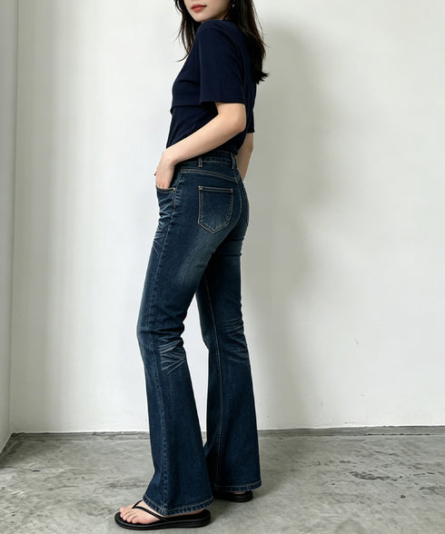 セミフレアデニムパンツレトロデニムパンツ レディース 美脚脚長 ヴィンテージパンツ 着やせ レトロ風ジーンズ カジュアル タイトデニムパンツ ブーツカットパンツ 24BDMS-022