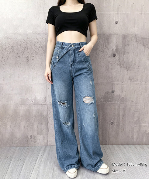 デニムワイドパンツウエストクロスデザイン Y2Kダメージデニムパンツ レディース ハイウエスト ジーパン 美脚脚長ロングパンツ おしゃれ 細見えストレートパンツ 24BDMS-023