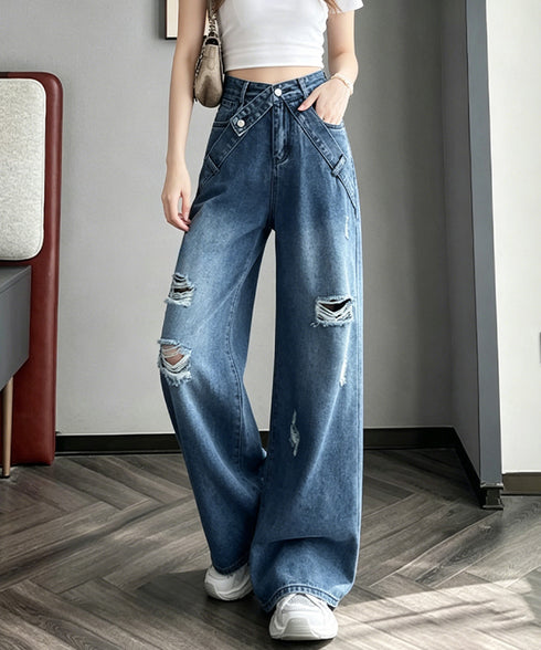 デニムワイドパンツウエストクロスデザイン Y2Kダメージデニムパンツ レディース ハイウエスト ジーパン 美脚脚長ロングパンツ おしゃれ 細見えストレートパンツ 24BDMS-023